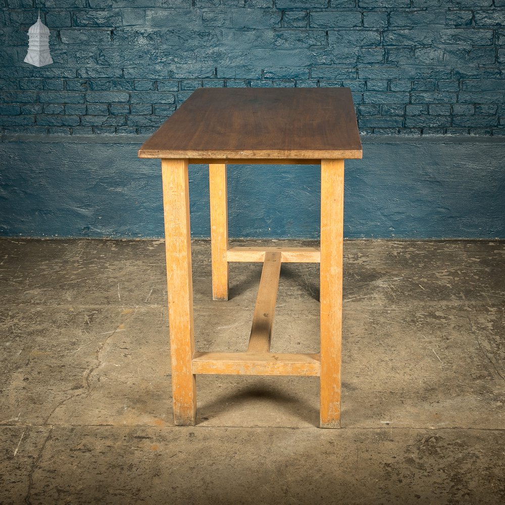 School Workbench Table, Mid Century, Beech H stretcher base with Iroko top