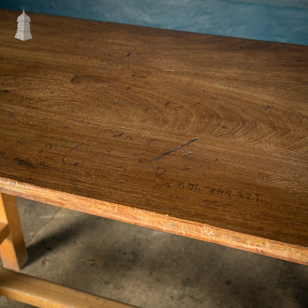 School Workbench Table, Beech H stretcher base with Iroko top, Mid Century