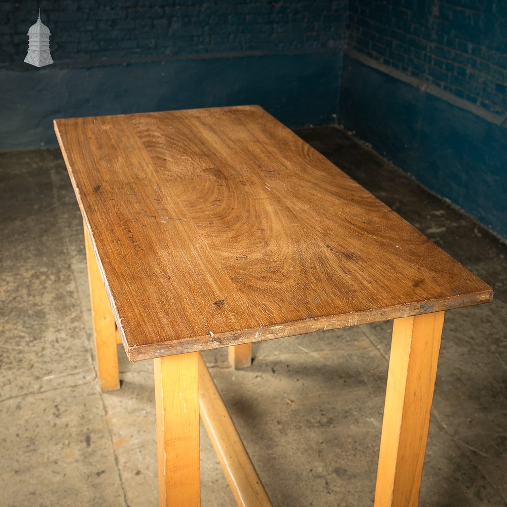 School Workbench Table, Beech H stretcher base with Iroko top, Mid Century