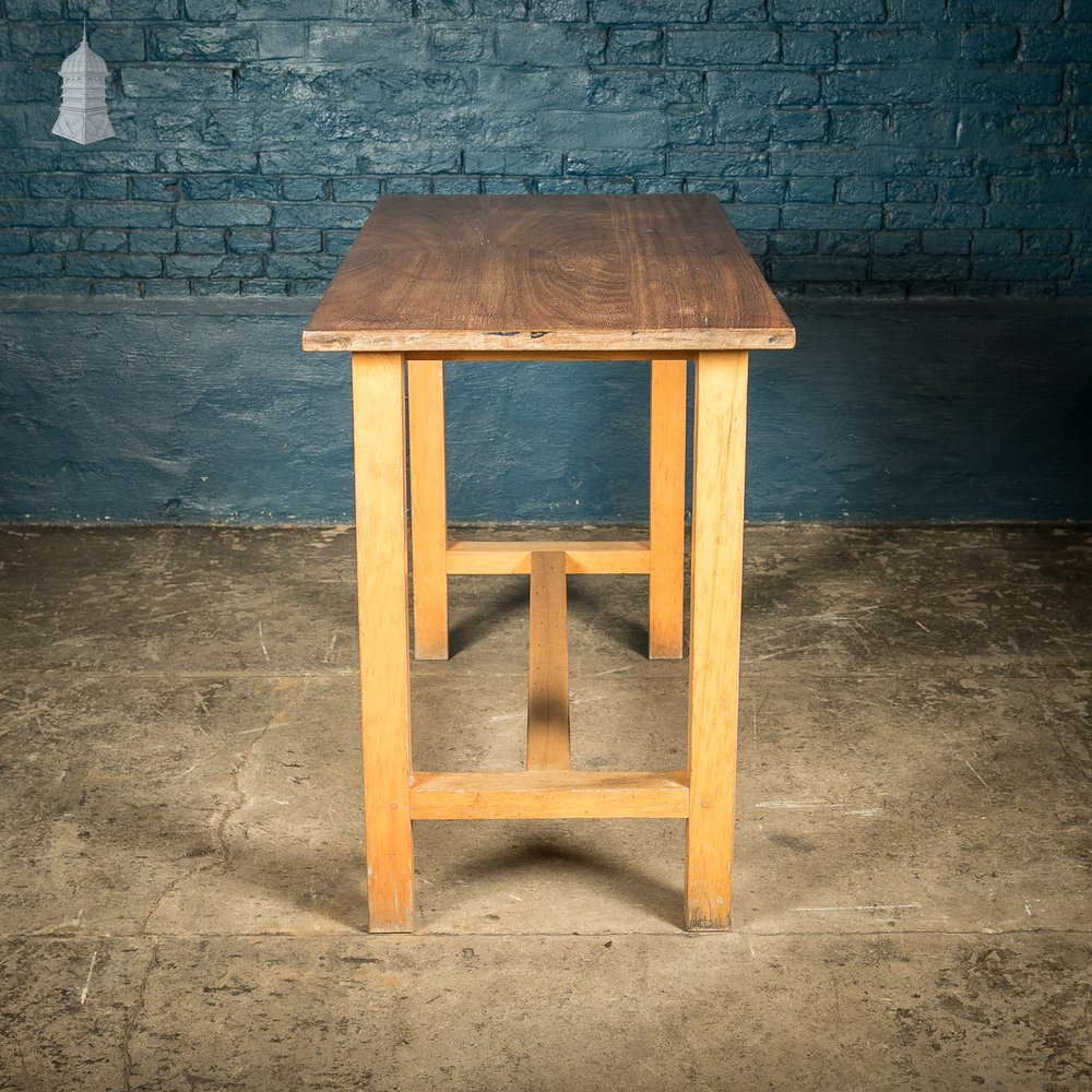 School Workbench Table, Beech H stretcher base with Iroko top, Mid Century