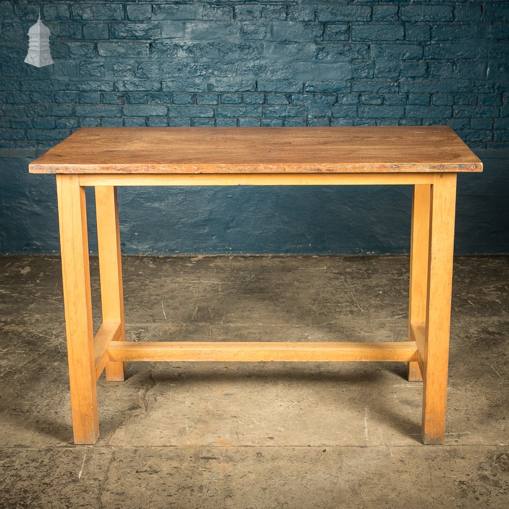 School Workbench Table, Beech H stretcher base with Iroko top, Mid Century