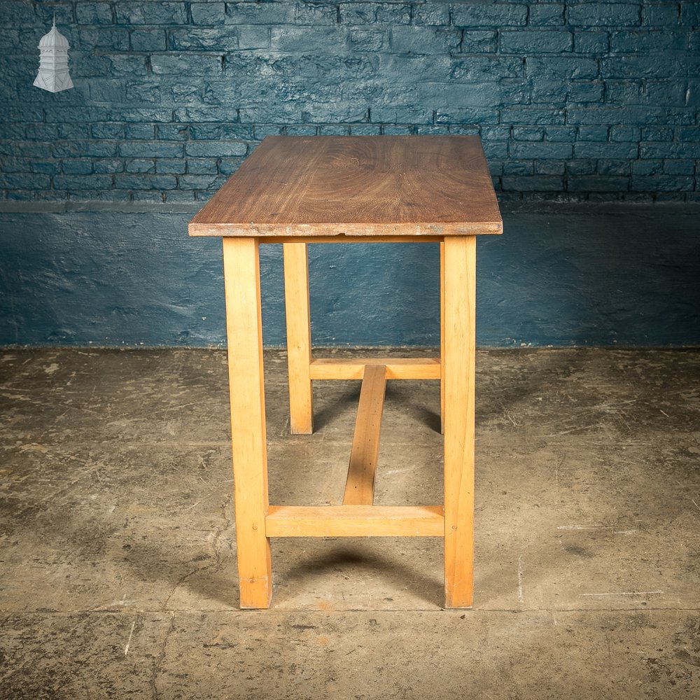 School Workbench Table, Beech H stretcher base with Iroko top, Mid Century