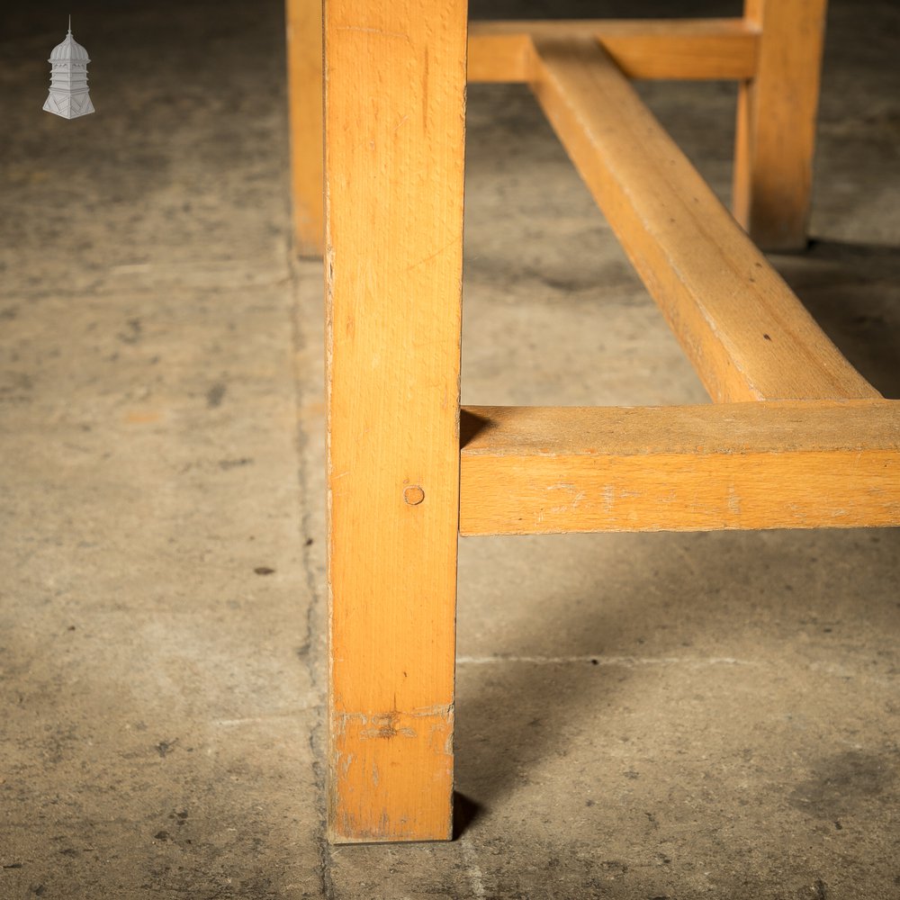 School Workbench Table, Beech H stretcher base with Iroko top, Mid Century