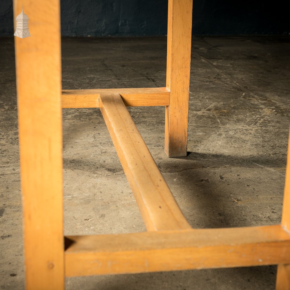 School Workbench Table, Beech H stretcher base with Iroko top, Mid Century