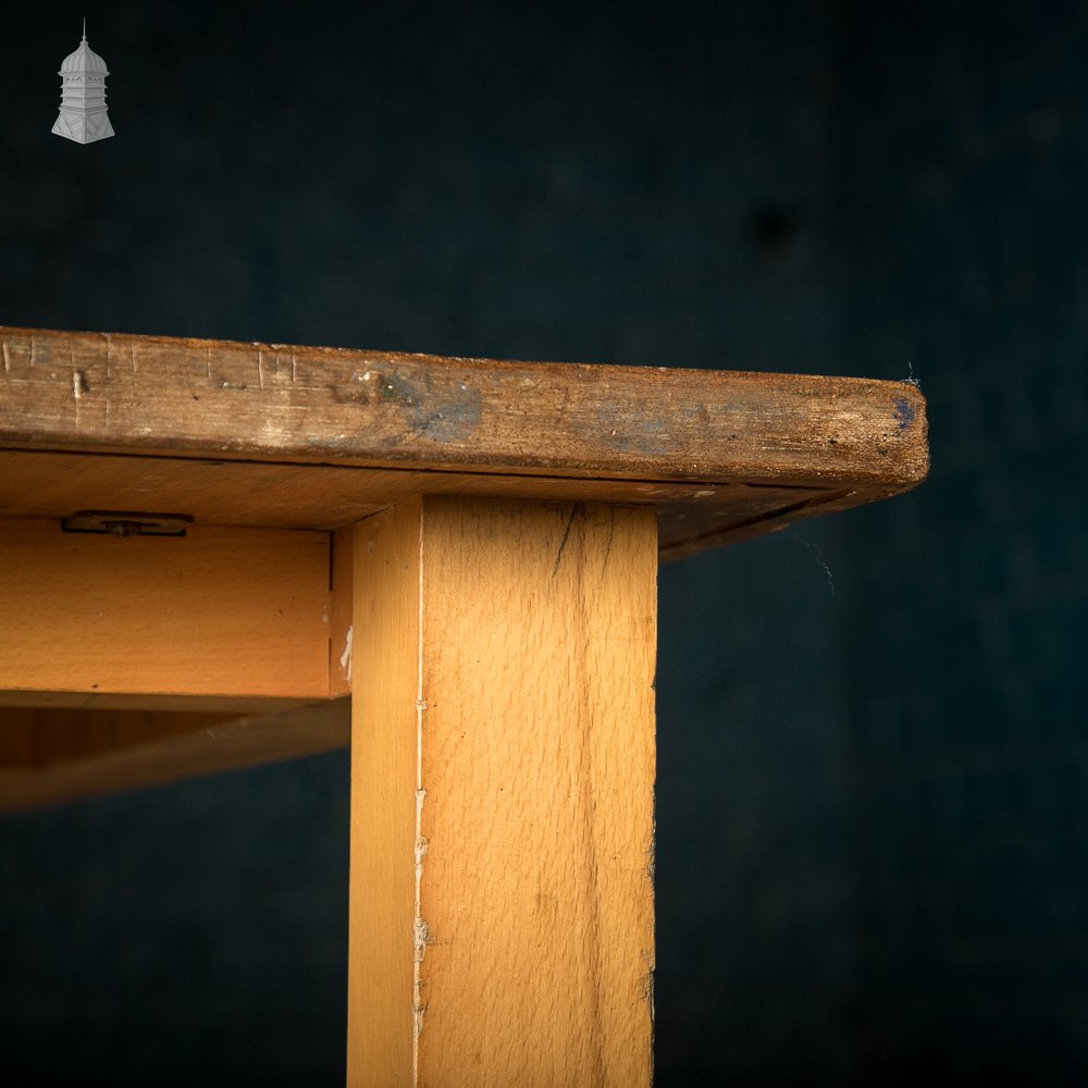 School Workbench Table, Beech H stretcher base with Iroko top, Mid Century