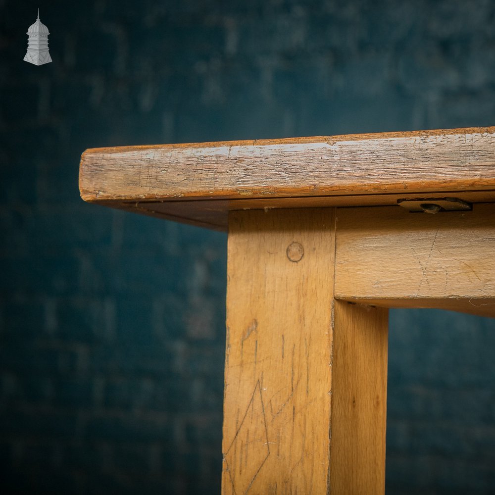 School Workbench Table, Beech H stretcher base with Iroko top, Mid Century