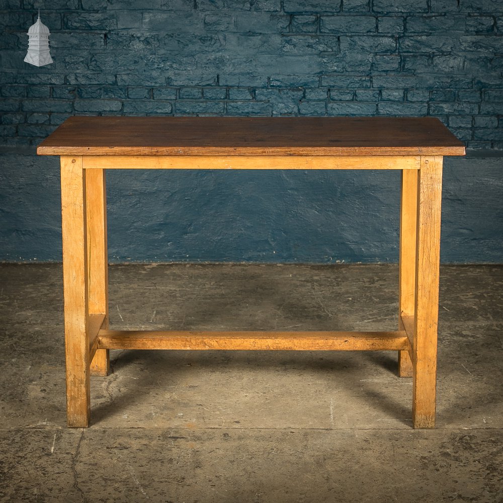 School Workbench Table, Beech H stretcher base with Iroko top, Mid Century