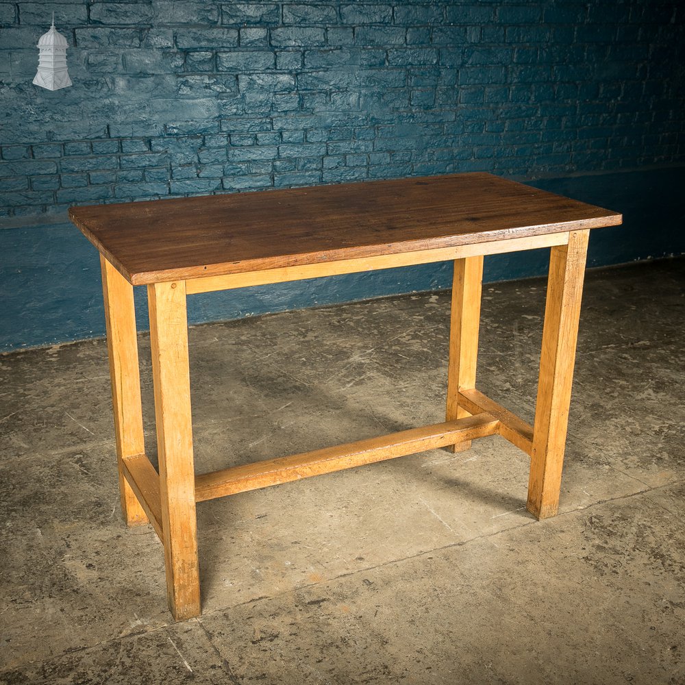 School Workbench Table, Beech H stretcher base with Iroko top, Mid Century