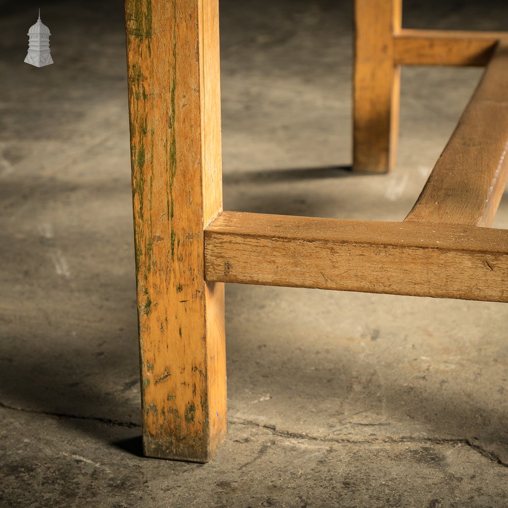 School Workbench Table, Beech H stretcher base with Iroko top, Mid Century