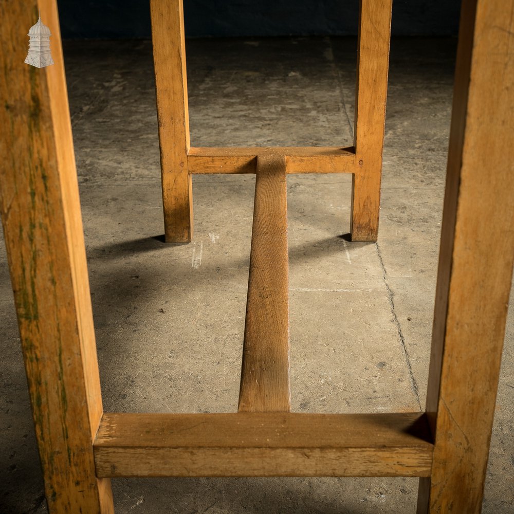 School Workbench Table, Beech H stretcher base with Iroko top, Mid Century