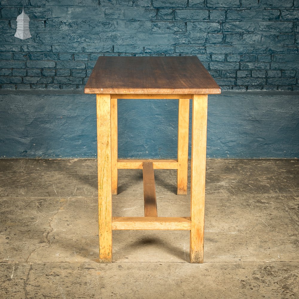 School Workbench Table, Beech H stretcher base with Iroko top, Mid Century