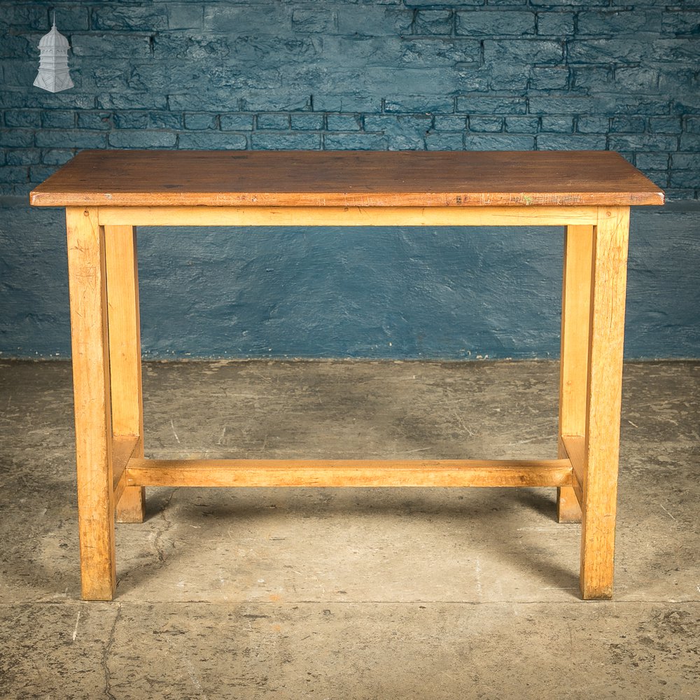 School Workbench Table, Beech H stretcher base with Iroko top, Mid Century