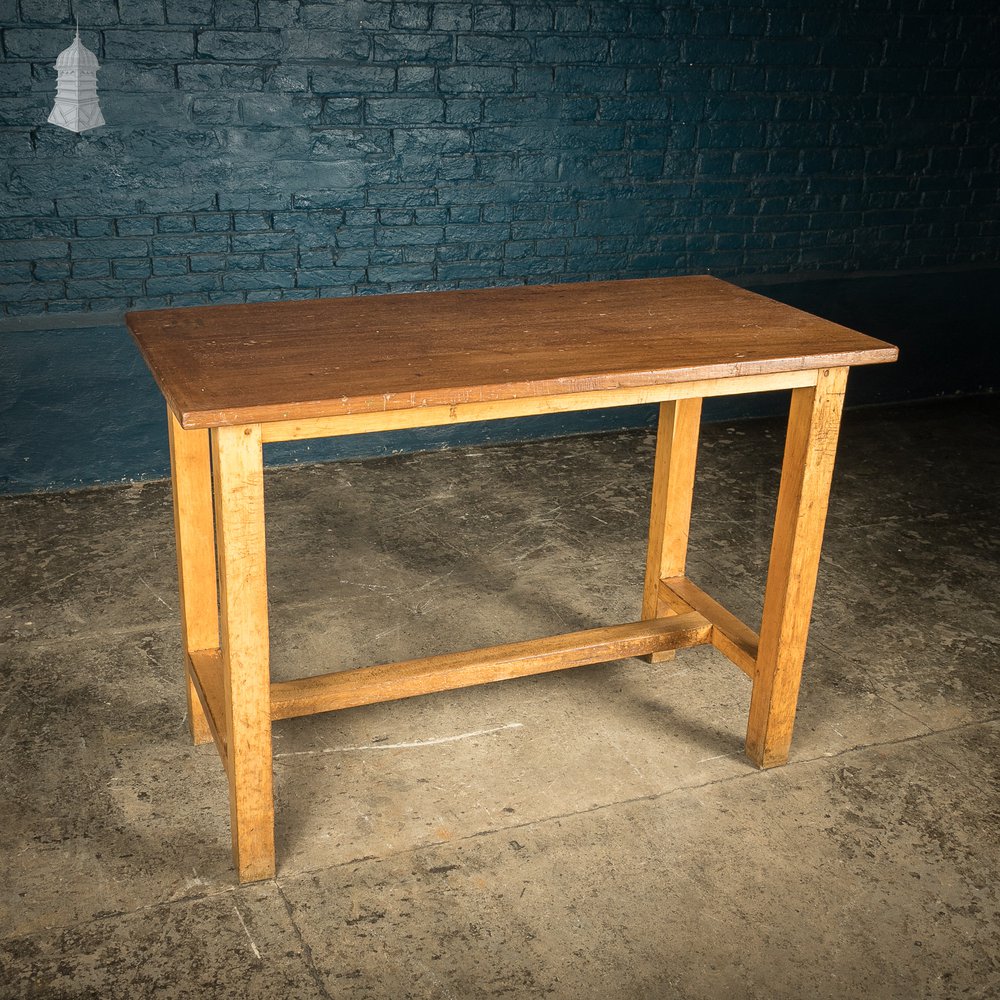 School Workbench Table, Mid Century Beech H stretcher base with Iroko top