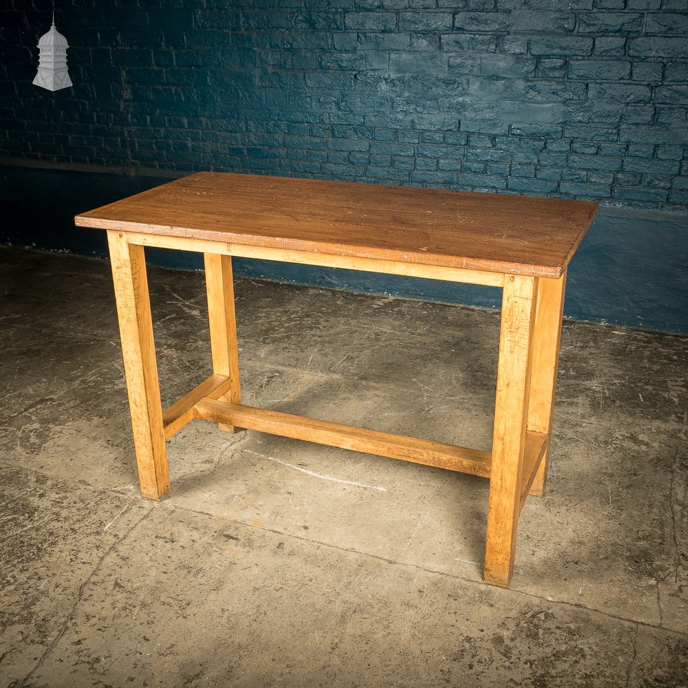 School Workbench Table, Mid Century Beech H stretcher base with Iroko top