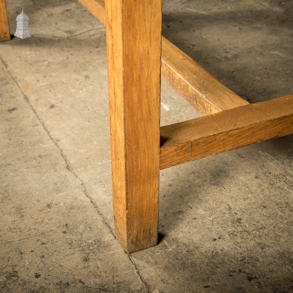 School Workbench Table, Mid Century Beech H stretcher base with Iroko top