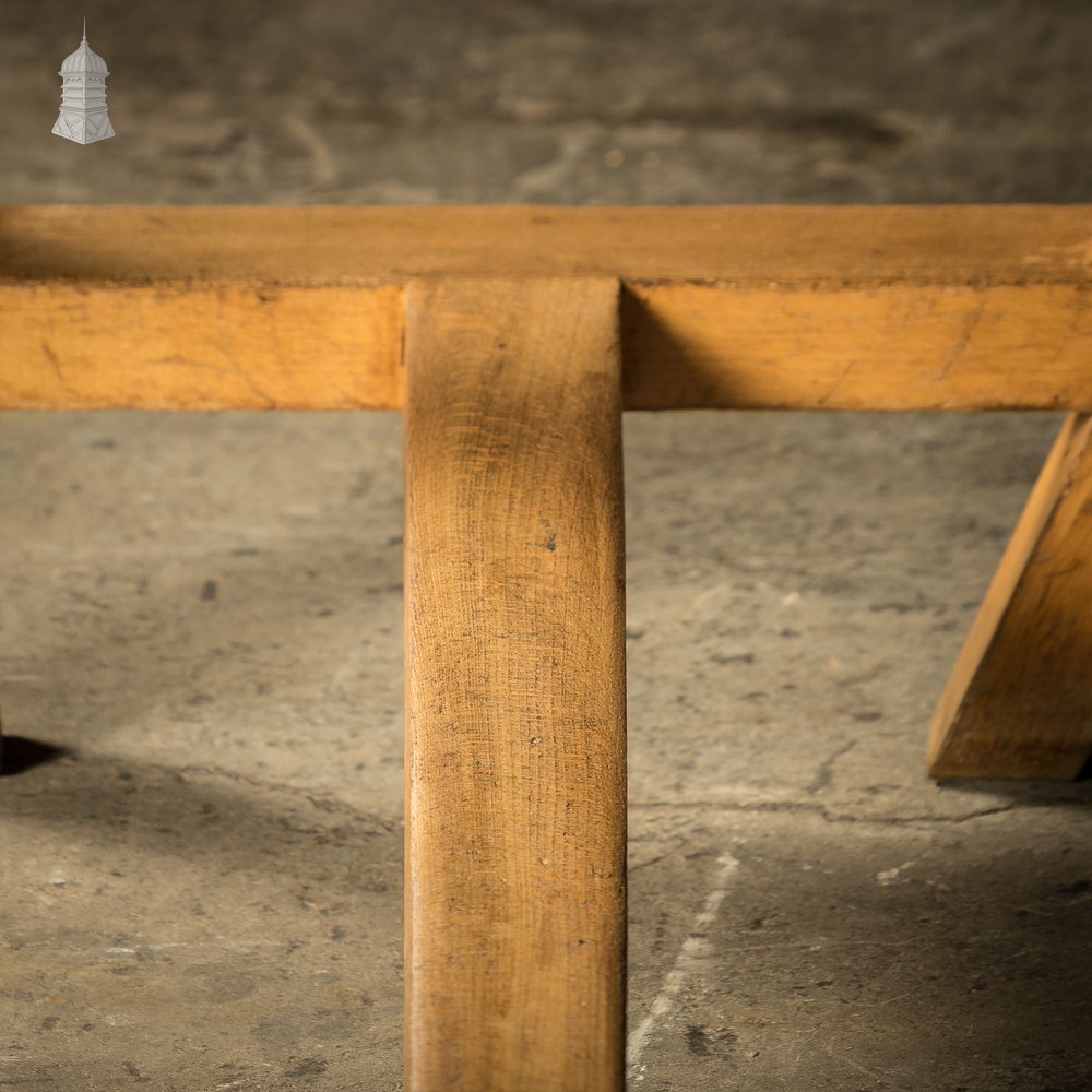 School Workbench Table, Mid Century Beech H stretcher base with Iroko top