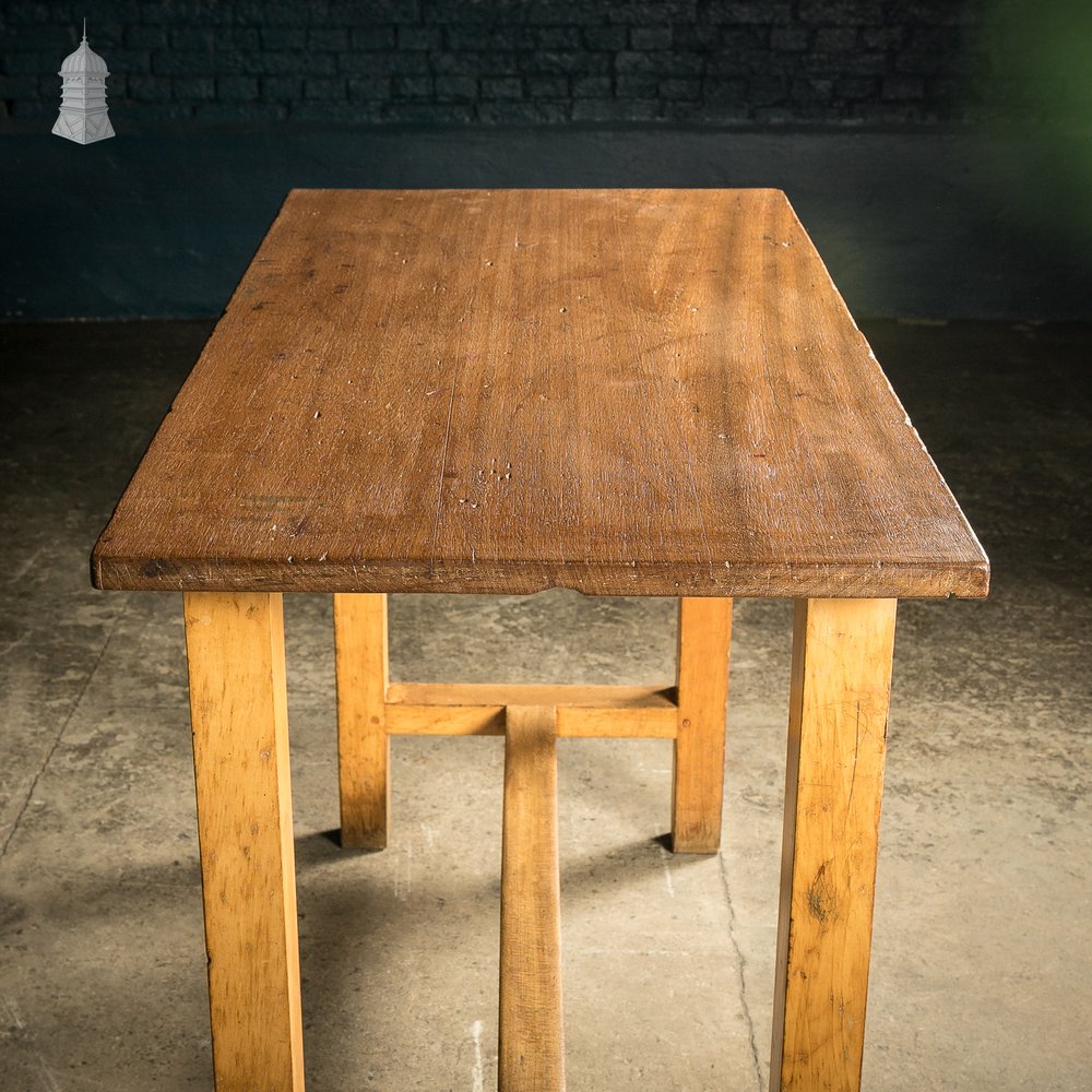 School Workbench Table, Mid Century Beech H stretcher base with Iroko top