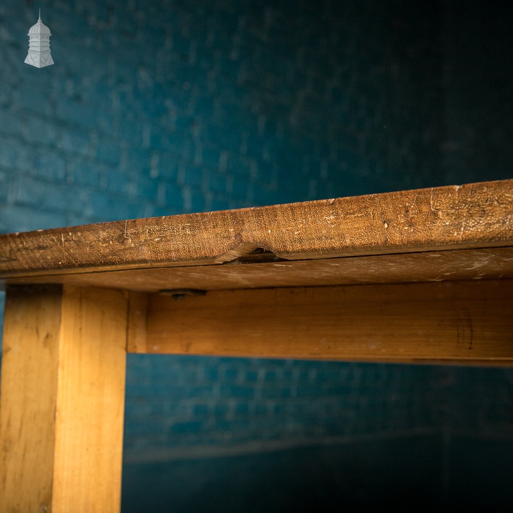 School Workbench Table, Mid Century Beech H stretcher base with Iroko top