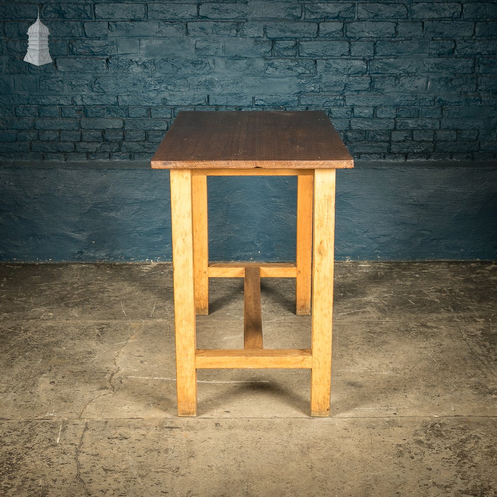 School Workbench Table, Mid Century Beech H stretcher base with Iroko top