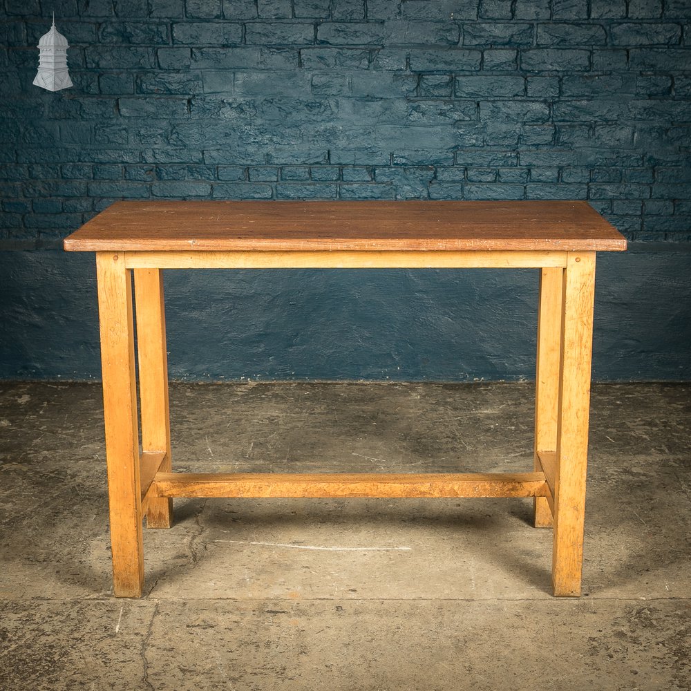 School Workbench Table, Mid Century Beech H stretcher base with Iroko top