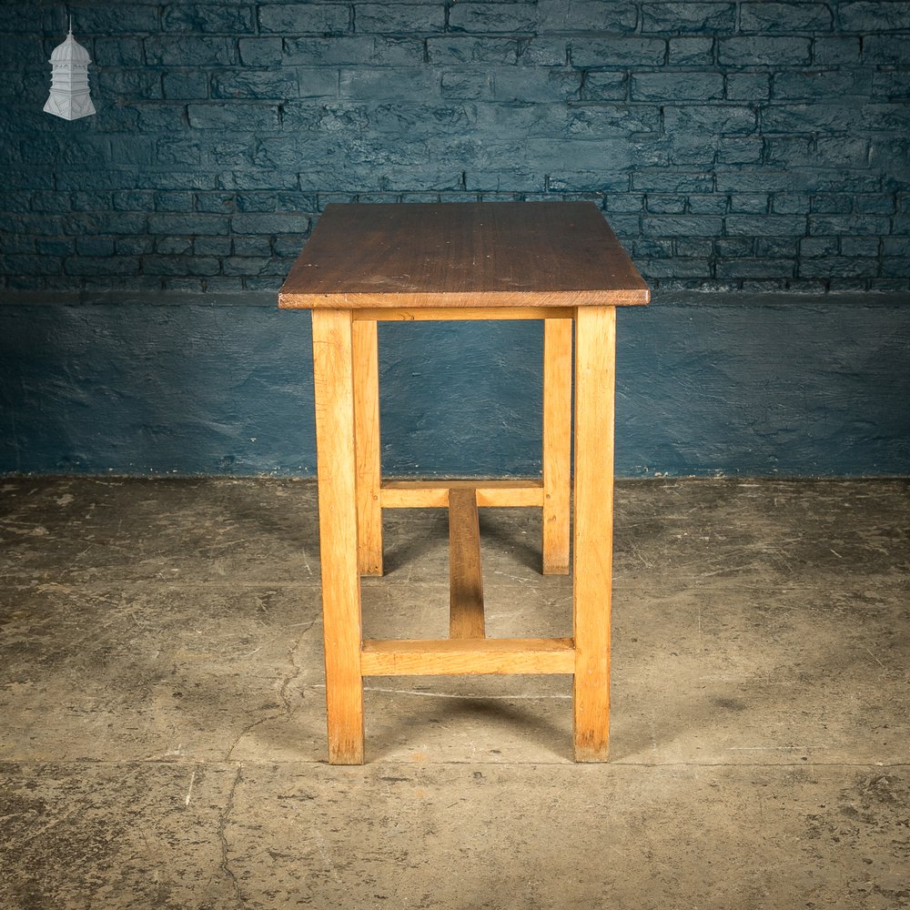 School Workbench Table, Mid Century Beech H stretcher base with Iroko top