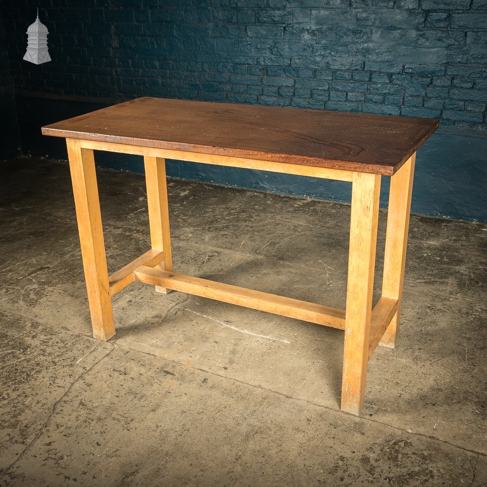 School Workbench Table, Beech H stretcher base with Iroko top, Mid Century