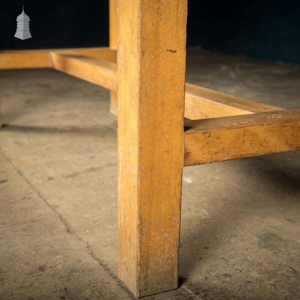 School Workbench Table, Beech H stretcher base with Iroko top, Mid Century