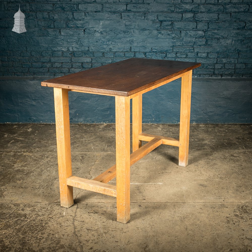 School Workbench Table, Beech H stretcher base with Iroko top, Mid Century