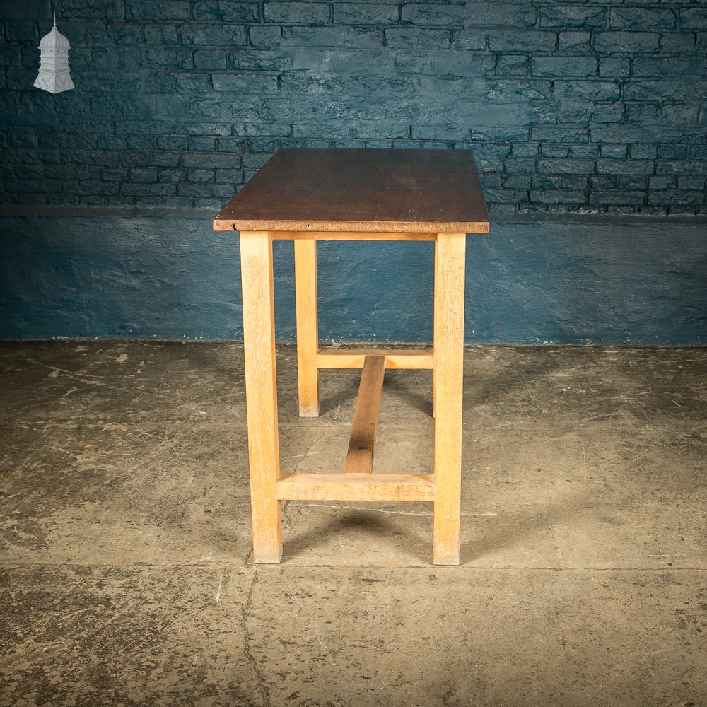 School Workbench Table, Beech H stretcher base with Iroko top, Mid Century