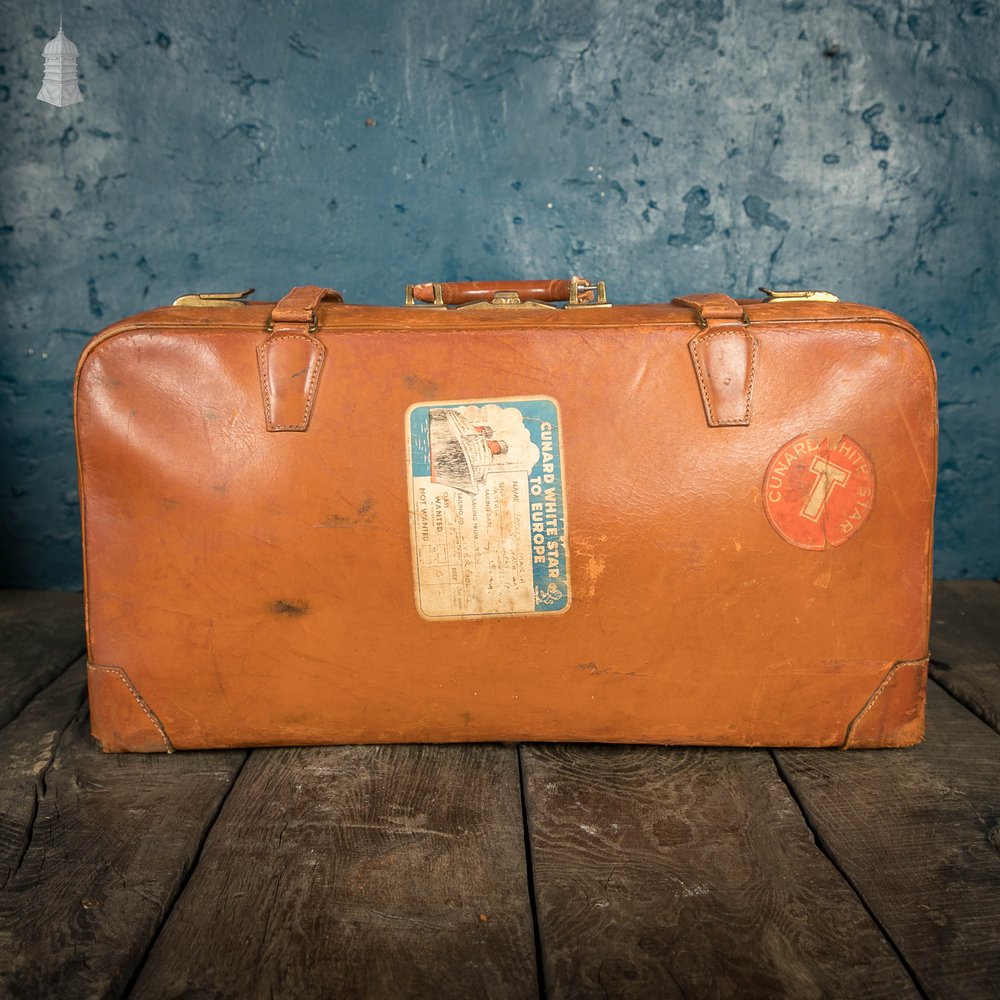 Vintage Leather Suitcase, Original Cunard White Star Line Travel Stickers