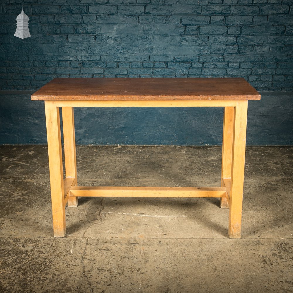 School Workbench Table, Beech H stretcher base with Iroko top, Mid Century