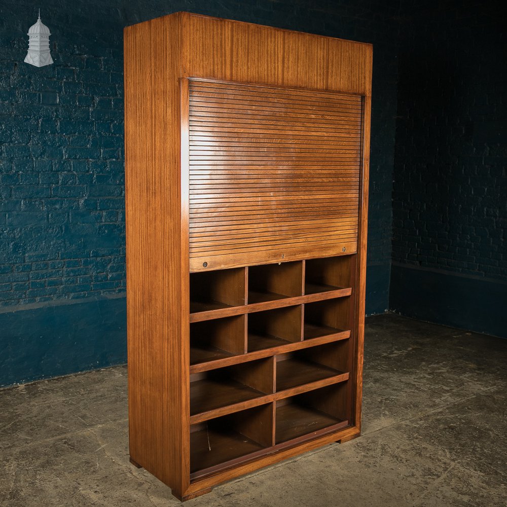 Tambour Front Cabinet, Mahogany and Oak Construction with internal pigeonhole shelving from a liner