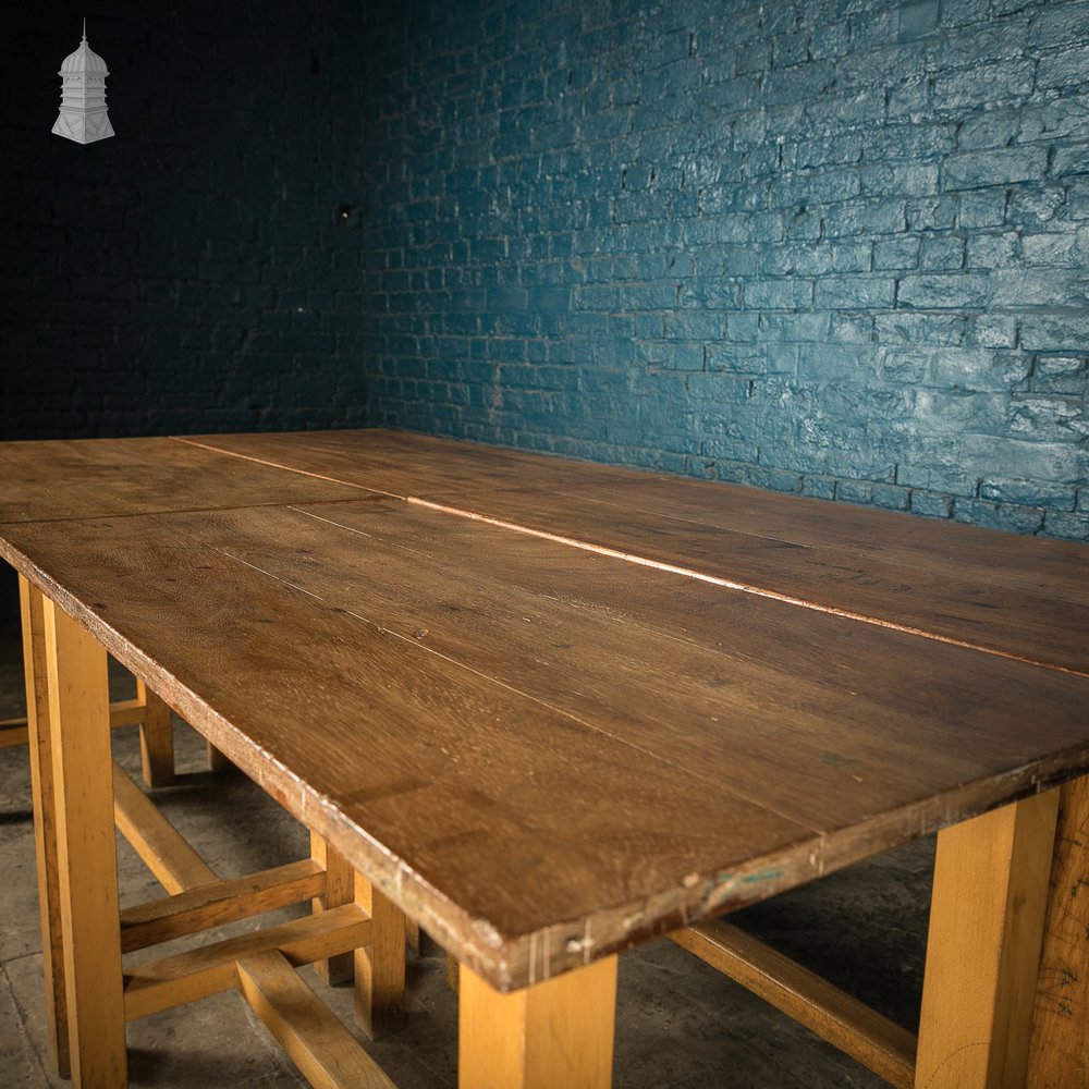 School Workbench Tables, Mid Century, Set of 4, Beech H stretcher bases with Iroko tops