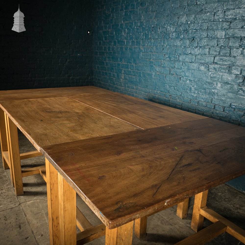 School Workbench Tables, Mid Century, Set of 4, Beech H stretcher bases with Iroko tops