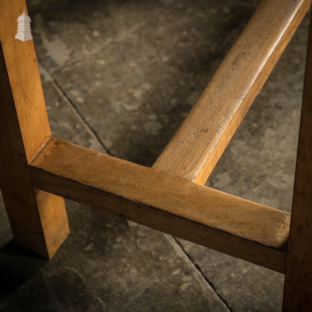 School Workbench Tables, Mid Century, Set of 4, Beech H stretcher bases with Iroko tops