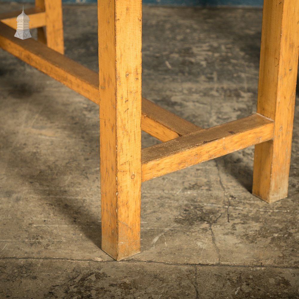 School Workbench Tables, Mid Century, Set of 4, Beech H stretcher bases with Iroko tops