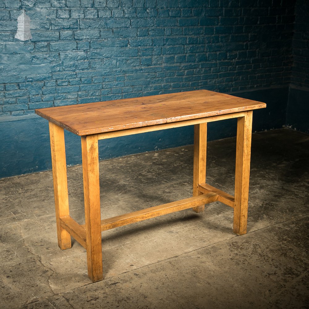 School Workbench Tables, Mid Century, Set of 4, Beech H stretcher bases with Iroko tops