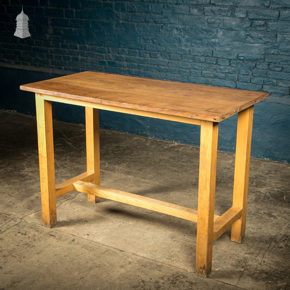 School Workbench Tables, Mid Century, Set of 4, Beech H stretcher bases with Iroko tops