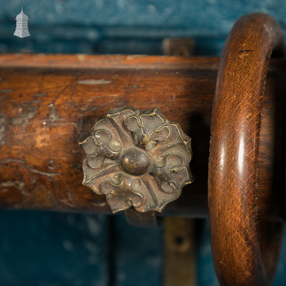 Gothic Curtain Poles, 19th C Matching Pair Solid Oak with Carved Finials