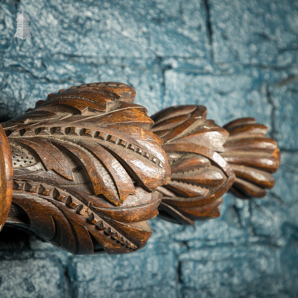 Gothic Curtain Poles, 19th C Matching Pair Solid Oak with Carved Finials