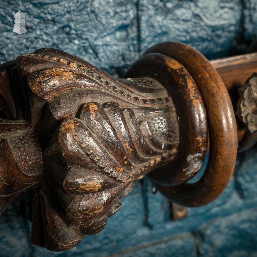 Gothic Curtain Poles, 19th C Matching Pair Solid Oak with Carved Finials