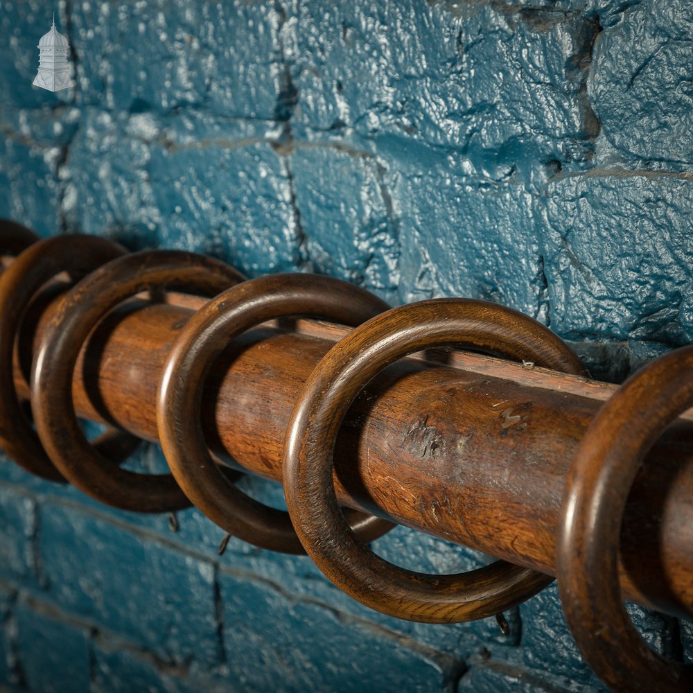 Gothic Curtain Poles, 19th C Matching Pair Solid Oak with Carved Finials