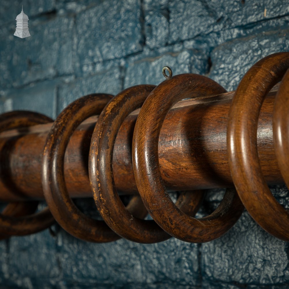 Gothic Curtain Poles, 19th C Matching Pair Solid Oak with Carved Finials