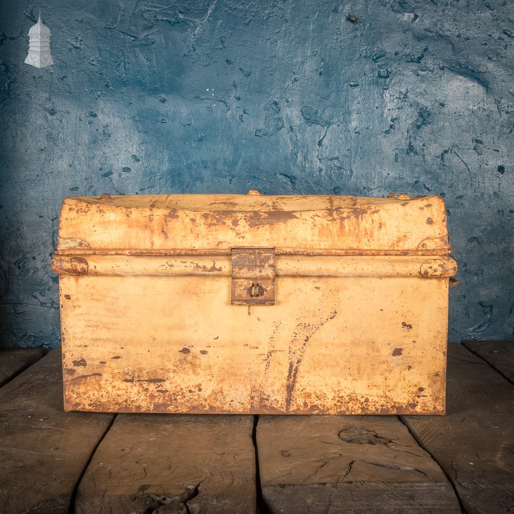 Yellow Metal Trunk, Vintage Lockable Chest with Distressed Paint Finish