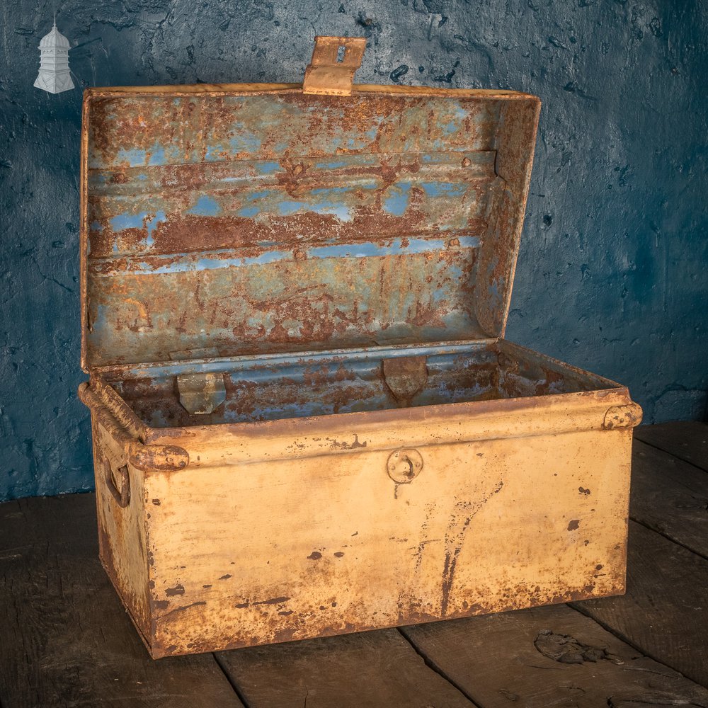 Yellow Metal Trunk, Vintage Lockable Chest with Distressed Paint Finish