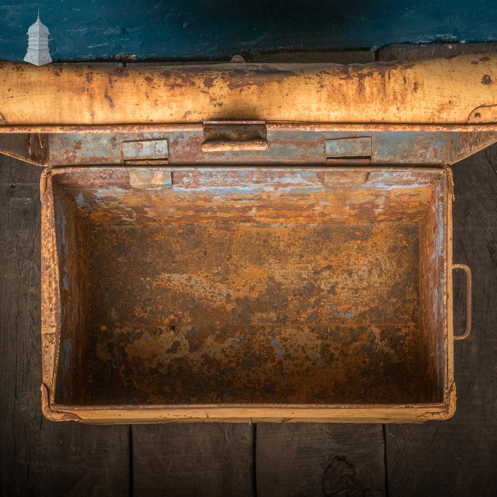 Yellow Metal Trunk, Vintage Lockable Chest with Distressed Paint Finish