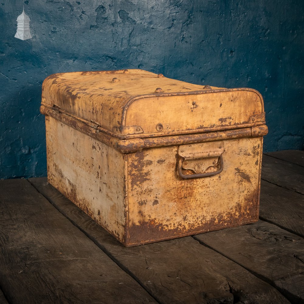 Yellow Metal Trunk, Vintage Lockable Chest with Distressed Paint Finish