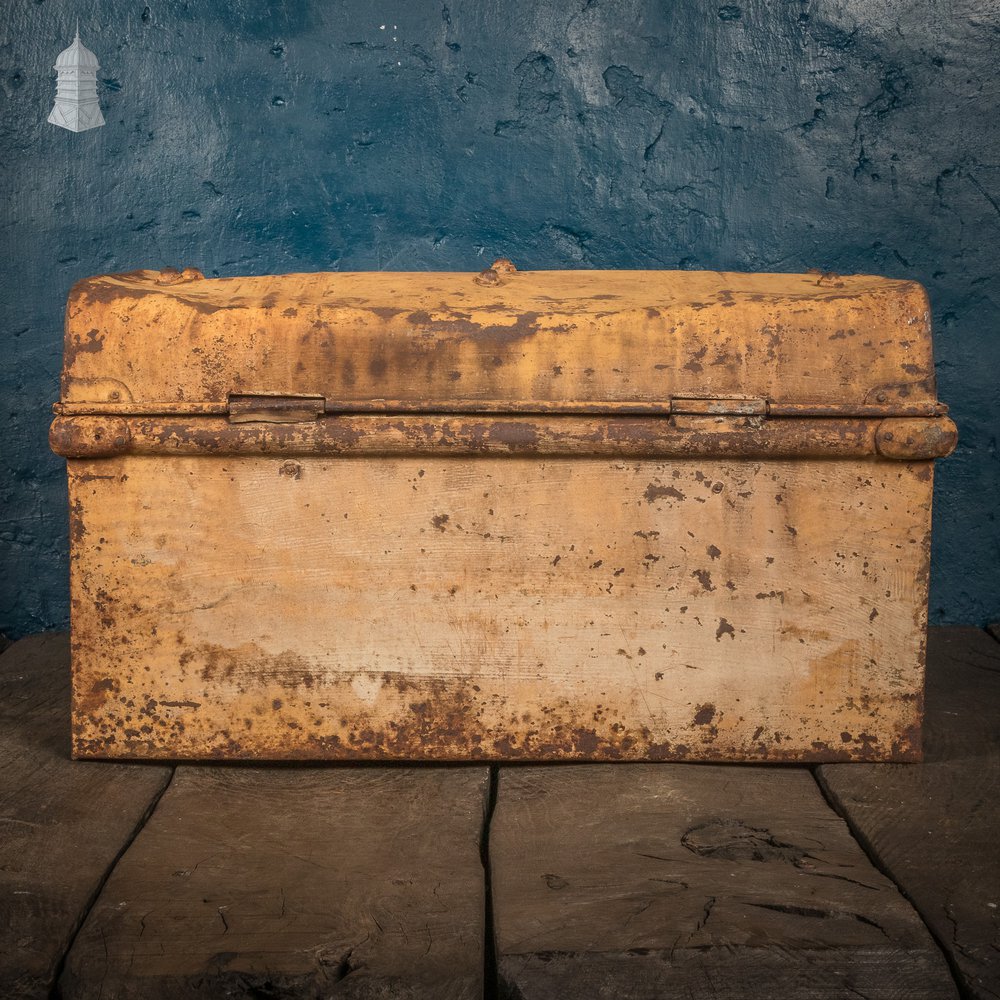 Yellow Metal Trunk, Vintage Lockable Chest with Distressed Paint Finish