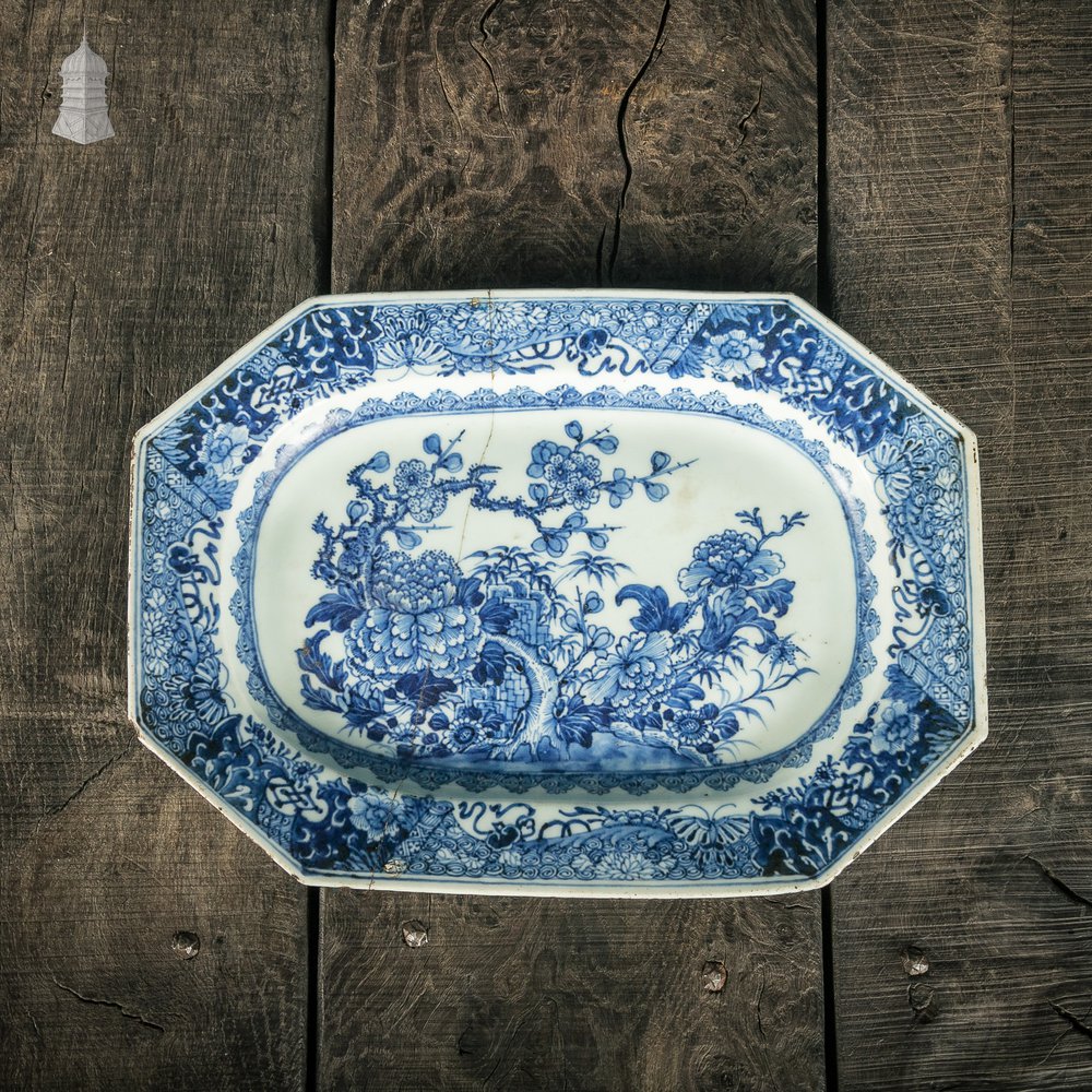 Octagonal Oriental Plate with White and Blue Floral Landscape Design Possibly Qianlong period 18th C