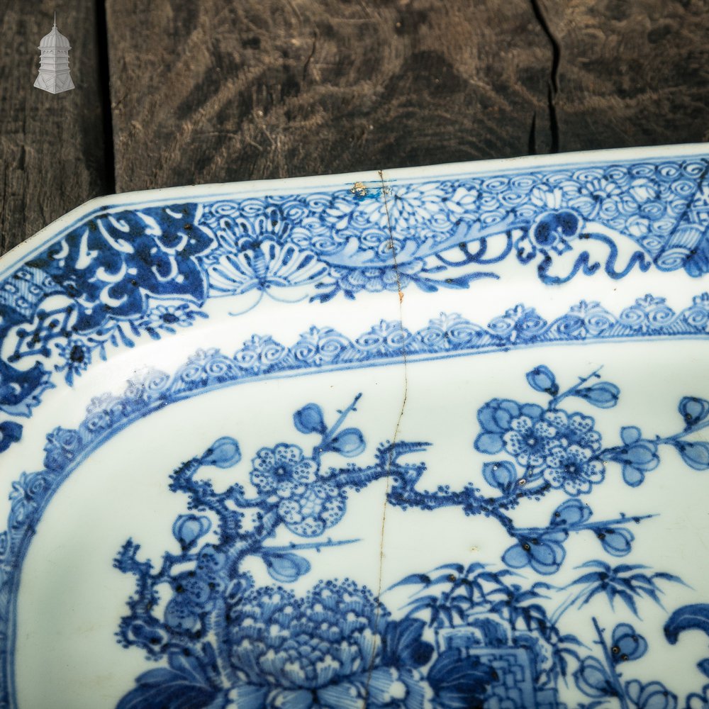 Octagonal Oriental Plate with White and Blue Floral Landscape Design Possibly Qianlong period 18th C